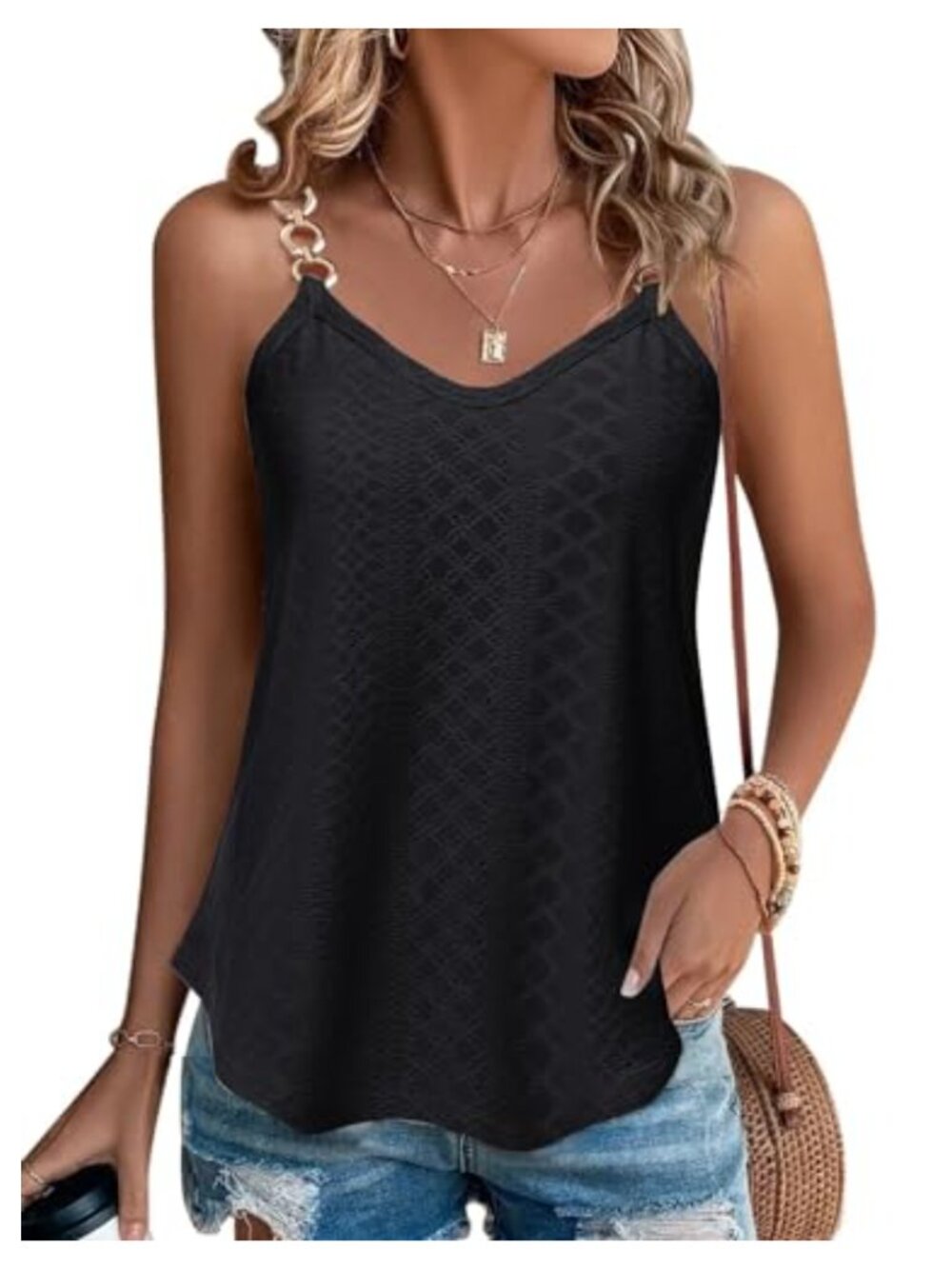 Womens Eyelet Sleeveless V Neck Tank Top Boho Cami Summer Loose Fit